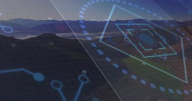 Dönen altıgen ve düğümlerin veri haritalandırması için dağların üzerinden aktive edilmesiyle şeffaf ızgara zayıflıyor. Hava, veri görselleştirme, fütüristik, teknoloji, çevre, dijital arayüz, soyut
