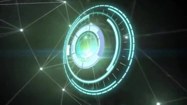 Parlak dairesel arayüz diskleri döndürürken eğiliyor ve titreşim düğümleri verileri görselleştiriyor. Teknoloji, holografi, fütürizm, veri görselleştirme, dijital tasarım, sibernetik, ağ