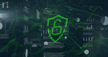 Siber güvenlik arayüzü kabartması merkezli neon yeşil bir kalkan belirdiğinde titreşiyor. Holografik, geleceksel, teknolojik, güvenli, dinamik, soyut, dijital