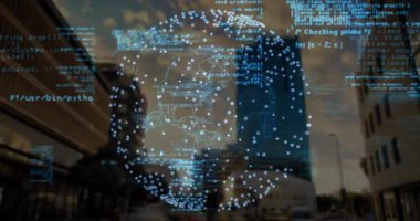 Python Java kodu olarak dönen küreyi somutlaştıran parlayan veri ağı harmanlanan ufuk çizgisini kaydırıyor. Gelecekçi, veri, görselleştirme, kentsel, teknoloji, dijital, soyut