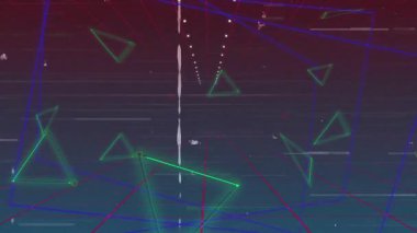 3D ızgara koridorunda kayan yeşil üçgenler ve titreşen beyaz noktalarla kamera. Fütürist, dijital, teknoloji, simülasyon, hareket, geometrik, sanal