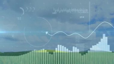 Gösterge paneli beliriyor, dalga biçimi salınıyor, gösterge dönüyor, çubuklar veri eğilimlerini görselleştiriyor. Analizler, veri görselleştirme, fütüristik, teknoloji, yenilik, açık hava, soyut