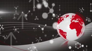 Sahne kırmızı-beyaz olarak başlayan eğri üzerinde dönen sol sürüklenen kümeler veri akışını gösteriyor. Teknoloji, bağlantı, yenilik, dijital, fütürizm, ağ, veri