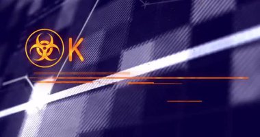 Kaybolan biyolojik tehlike sembolü, grafik çizimi ve EMERGENCY üzerinde IMMEDIATE AcQUIRED gösterimi. Uyarı, dijital, uyarı, güvenlik, arayüz, teknoloji, kriz