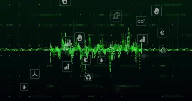 Izgara başlangıcında, yeşil dalga formu dalgalanması, eko finans simgelerini birbirine bağlamak dinamik eğilimleri görselleştiriyor. Teknoloji, sürdürülebilirlik, veri görselleştirme, ekolojik yenilikler, kurumsal çevre, dijital animasyon, yenilenebilir enerji