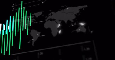 Gelişmekte olan çubuklar renkler, renkler, haritalar ve dönen dünya, solmakta olan grafikler, küresel eğilimleri görselleştiriyor. Analizler, teknoloji, yenilik, fütürizm, gösterge paneli, arayüz, veri