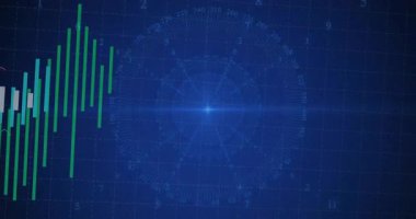 Pusula orta noktasında parlayan parlak ışıltı büyüyen, yer değiştiren ve veri eğilimlerini gösteren çubukları etkinleştiriyor. Veri, analitik, görselleştirme, dijital, arayüz, teknoloji, istatistik