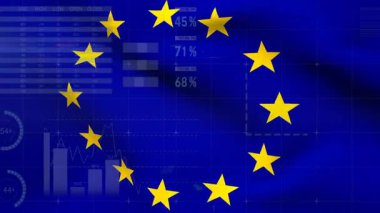 Başlangıçta AB yıldızları sallanıyor, halkalar soluyor, tablolar ortaya çıkıyor ve AB verilerini temsil eden haritalar ortaya çıkıyor. Bilgi grafikleri, veri görselleştirme, dijital grafik, soyut, analitik, teknoloji, iş zekası