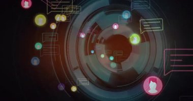 Koyu arkaplan açılışı HUD halkalarının dönmesi ve avatarların merkeze dönerek veri akışını görselleştirmesi. Dairesel arayüz, dijital teknoloji, veri görselleştirme, fütüristik tasarım, soyut prototipler, kullanıcı etkileşimi, hareket grafikleri