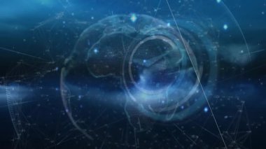 Kablo küresi açılıyor, soluyor ve dönüyor Afrika, bağlantılar ve metrik döngüler ağı gösteriyor. Teknoloji, bağlantı, veri, siber alan, dijital, yenilik, fütürist