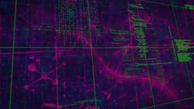 Mor çizgiler ve düğümler ortaya çıkan, titreşen ve kayan yeşil kod veri akışını görselleştiriyor. Fütürist, dijital, neon, soyut, teknoloji, siber, yenilik