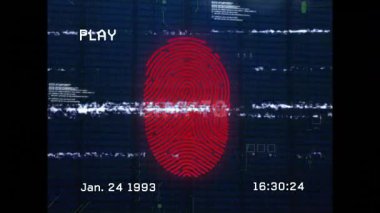 Parmak izi taraması başlatılıyor. Kripto kimlik doğrulama sisteminde kırmızı kod çizgileri üst üste geliyor. Teknoloji, siber güvenlik, biyometrik, dijital, arayüz, veri, izleme