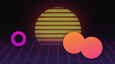 Açık neon şebekesi morumsu halka sol turuncu-pembe leke kayarak çizgili güneş döngüsüne sürükleniyor. Fütürist, soyut, enerjik, hareketli, dijital, sürrealist, geometrik