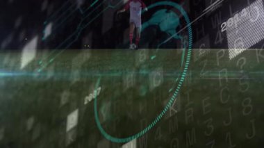 Futbolcu topa hafifçe vuruyor, spor teknolojisi, defans oyuncusu topu geri sarmaya yardım edene kadar. Atletik, rekabet, dijital, strateji, takım çalışması, yenilik, gece