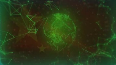 Evrensel bağlantıları gösteren ağ hatları titreşirken doğuya doğru dönen playback kürede. Gelecek, teknoloji, bağlantı, küresel, dijital, görselleştirme, soyut