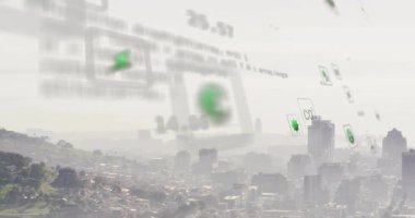 Yeşil girdap ve güç odaklı simgeler sisli ufuk çizgisinin üzerinde beliriyor. Enerji akışını gösteren semboller dönüyor. Sürdürülebilirlik, enerji, kentsel, dijital, çevre dostu, yenilik, çevre