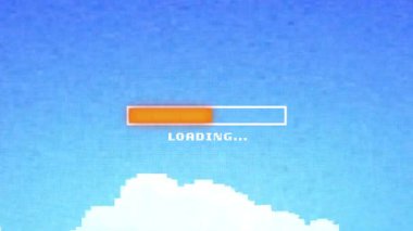 Turuncu yükleme çubuğu gökyüzünde piksel animasyonunu başlatıyor, neon seviye grafiği gösteriliyor. Nostalji, dijital, geometrik, canlı, ilerleme, oyun, fütüristik