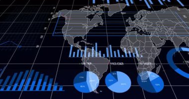 Gösterge paneli Amerika 'nın ortaya çıkışını, çubukların yükselmesini, turtaların genişlemesini, küresel trendler için çizgilerin güncellenmesini gösteriyor. Analizler, veriler, görselleştirme, bilgi grafikleri, teknoloji, dijital, gösterge paneli