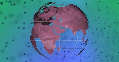 Başlangıçta siyah siluetler kıtalar üzerinde genişleyerek verileri görselleştirirken 3D pembe küre dönüyor. Dijital, fütüristik, soyut, küresel, teknoloji, görselleştirme, ağ