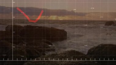 Gün batımı kıyı şeridinde kırmızı çizgi beliriyor, batıyor, yükseliyor, dalıyor, dalgalanıyor, dalgalanıyor, dalgalanmaları gösteriyor. Analizler, finansal, görselleştirme, veri, dijital, teknoloji, manzara