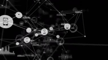 Koyu dijital fon fon müziği sohbet simgeleri başlatılıyor. Veri akışını gösteren solgunluk ve dönüşüm simgeleri. Teknoloji, bağlantı, siber alan, dijital ağ, veri iletimi, yenilik, fütürist