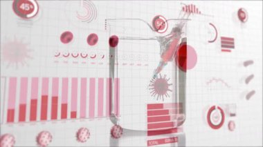 Turuncu sıvıyı beherin içine enjekte eden şırınga, renk sıçratan, virüs veri görsellerini güncelleyen. Laboratuvar, analitik, yenilik, veri görselleştirme, biyoteknoloji, bilim, deney