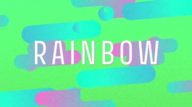 Parmaklıklar, daireler çizerek dönen küreler mavi ekrandaki RAINBOW metnini oluşturarak çapraz kayarak kayboluyor. Soyut, hareketli, canlı, dijital, geometrik, renkli, dinamik