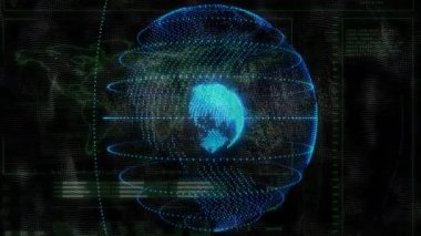Kod sinyali alınıyor, holografik küre genişleyen halkalar gerçek zamanlı küresel verileri gösteriyor. Fütüristik, dijital, teknoloji, görselleştirme, analitik, yenilik, bağlantı