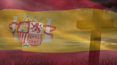 İspanyol bayrağını dalgalandıran ve dalgalanan bir esinti. Güneş armasını ve haç siluetini ortaya çıkarıyor. Vatanseverlik, milliyetçilik, sembolizm, kumaş, hareket, siluet, manzara