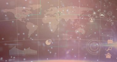 Ağ simgelerinde görünen parlak parçacıklar veri akışı için harita merkezinde birleşen yay oluşturuyorlar. Fütürist, holografik, dijital, görselleştirme, bağlantı, teknoloji, yenilik