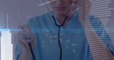 Doktor steteskop tutuyor, kulaklığa basıyor, sağlığı izlemek için hat ve bar grafiğini etkinleştiriyor. Tıbbi, sağlık, veri, teknoloji, analiz, tanı, yenilik