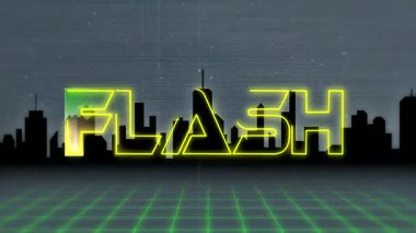Parıldayan çizgi segmentleri yeşil şebeke zemininde elmas çizgileri olan neon fLASH metin oluşturuyorlar. Neon, dijital, fütüristik, kentsel, canlı, geometrik, siber punk