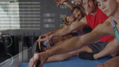 Gerilme çubuğuna dokunan katılımcılar gerilme performansını izlemek için uygunluk verilerini üst üste koyuyorlar. Spor, analitik, yenilik, sağlık, sağlık, teknoloji, eğitim