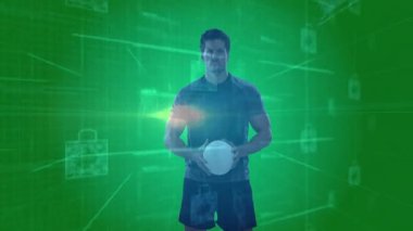 Top tutan ve işaret eden erkek sporcu güvenlik devreleri üzerinden dijital asma kilit sembolünü etkinleştiriyor. Teknoloji, siber güvenlik, yenilik, veri, dijital, fütüristik, ağ