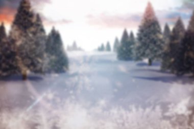 Düz dizayn kış manzarasında, karla kaplı çam ormanları gökyüzünün altında ışıldıyor. Kış, manzara, don, doğa, dinginlik, açık hava, manzara