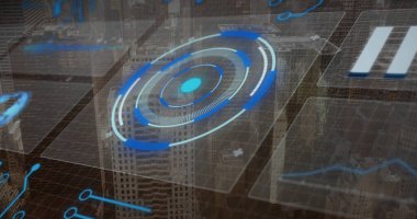 Sanal dairesel arayüzü, şehir merkezindeki ufuk çizgisinde, kablo şebekelerini göstererek gösteriyor. Fütüristik, teknoloji, ağ, veri görselleştirme, kentsel, dijital mimari, yenilik