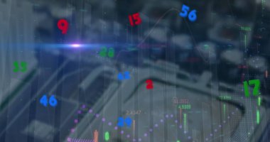 Bulanık sunucu raflarını veri merkezinde mercek efektli yüzen finansal grafiklerle gösteriyor. Teknoloji, analitik, dijital, fütüristik, veri görselleştirme, yenilik, siber güvenlik