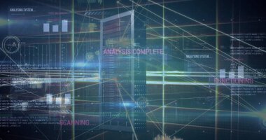 Akıcı sunucu rafı, ağ hatları ile birlikte dijital ızgarada bar grafiklerini, kodları ve metin etiketlerini gösterir. Teknoloji, siber güvenlik, veri, dijital, iot, fütürist, analitik