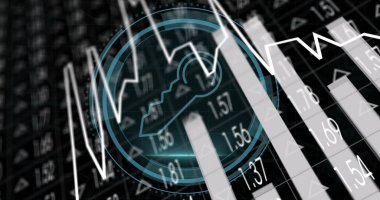 Çubuk ve çizgi grafik verileri ile finansal arayüzde veri sağlayan turkuaz asma kilit simgesi gösteriliyor. Siber güvenlik, teknoloji, yenilik, finans, şifreleme, koruma, analitik