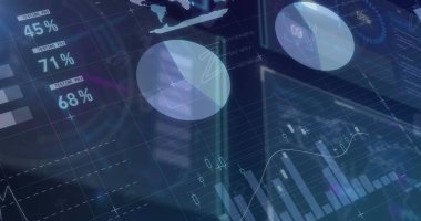 Veri görselleştirmesi sanal gösterge panelinde turta çizelgeleri ve yüzde etiketleriyle çalışıyor. Analizler, bilgi grafikleri, dijital arayüz, gösterge paneli, iş zekası, şirket, ekran tasarımı