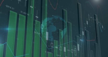 Ekranda yeşil çubuklar, şamdanlar, trend çizgileri, dünya haritası ve para birimi etiketleri ile veri gösteriliyor. Finans, analitik, teknoloji, yatırım, veri, gösterge paneli, borsa