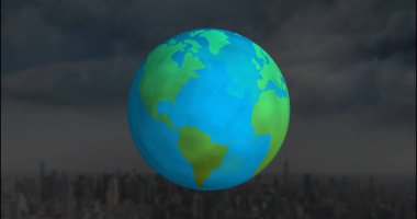 Bulanık şehir gökdelen siluetleri üzerinde, kara fırtına bulutlarının altında yüzen stilize Dünya küresi. Gezegen, kentsel, geleceksel, çevre, teknoloji, soyut, yenilik