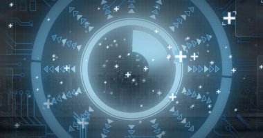 Eş merkezli halka arayüzü, yayılan oklar ve ekran ızgarasında devreleri olan simgeler gösteriliyor. Fütürist, teknoloji, analitik, soyut, minimalist, yenilikçi, siber