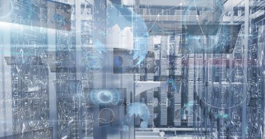 Merkezi sunucu raf konut kabloları ve veri merkezi koridorunda yanıp sönen LED 'ler, dijital örtüler gösteriliyor. Teknoloji, veri, ağ oluşturma, siber güvenlik, endüstriyel, geleceksel, altyapı