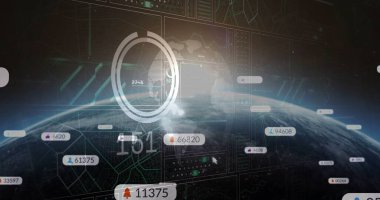 HUD, sayısal etiketler ve imleç işaretleyicisiyle istasyon arayüzünde yarı saydam Dünya küresi gösteriliyor. Fütürist, holografik, veri görselleştirme, arayüz, teknoloji, dijital, bilim kurgu