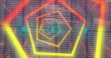 Aygıt simgesi kaplamalı kod sütunları üzerinden neon altıgen hatlarını gösteren gösterge paneli gösteriliyor. Siber güvenlik, veri analizi, dijital alarm, fütüristik, teknoloji, yenilik, bilgi grafikleri