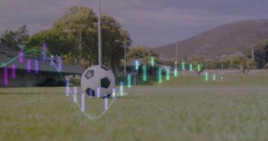 Siyah ve beyaz futbol topu parkta çimlerin üzerinde duruyor, yedekler ve veri örtüleriyle. Atletik, teknoloji, analiz, açık hava, manzara, yenilik, fitness