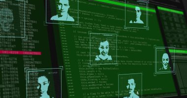 Güvenlik terminalinde yüzen merkezi yüz portresi gösteriliyor, kod panelleri ve zaman damgaları gösteriliyor. Siber güvenlik, biyometrik, tanımlama, dijital, yüksek teknoloji, izleme, yapay zeka