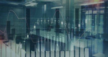 Ofisteki masaların üzerinde finansal veriler gösteriliyor, bar çizelgeleri, şamdanlar, fiyat eğilimleri. Kurumsal, analitik, teknoloji, yatırım, girişim, veri, büyüme