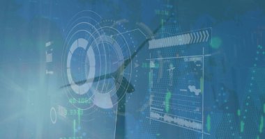 Jet silueti, daire çizelgesi ve grafik örtüleriyle gösteriliyor. Teknoloji, yenilik, veri, analitik, fütürizm, görselleştirme, enerji